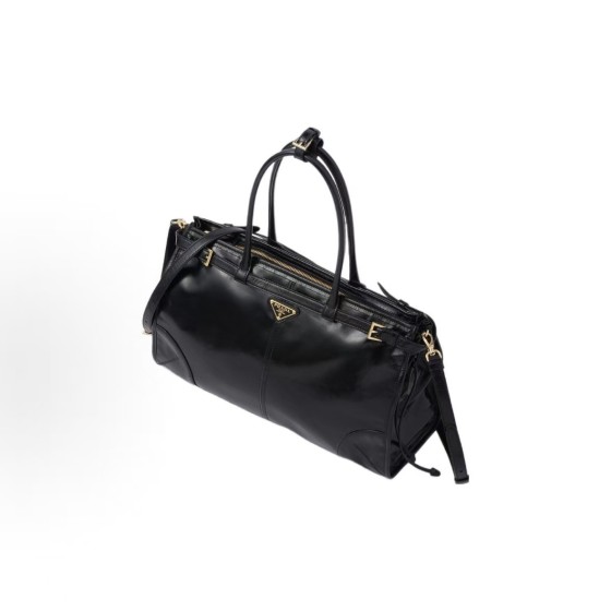 PRADA Bonnie soft lux series Detachable Adjustable shoulder strap enamel metal triangular logo hand-held shoulder bag for women, large size, black